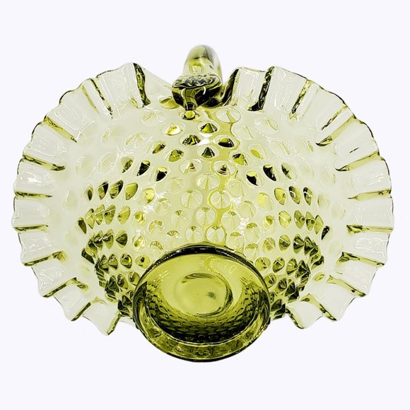 Vintage Fenton Hobnail Glass Basket Colonial Green Crimped Edge MCM - Picture 4 of 4